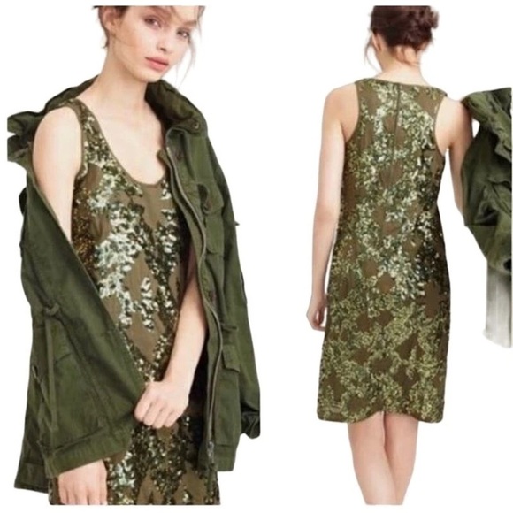 J CREW Olive Green Sequin Sleeveless Scoop Neck Lined Sheath Mini Shift Dress 10 - Picture 1 of 3